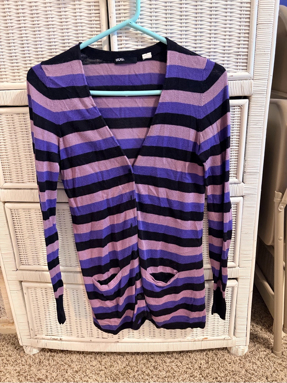 BDG Black and Purple Striped Button-Front Cardigan